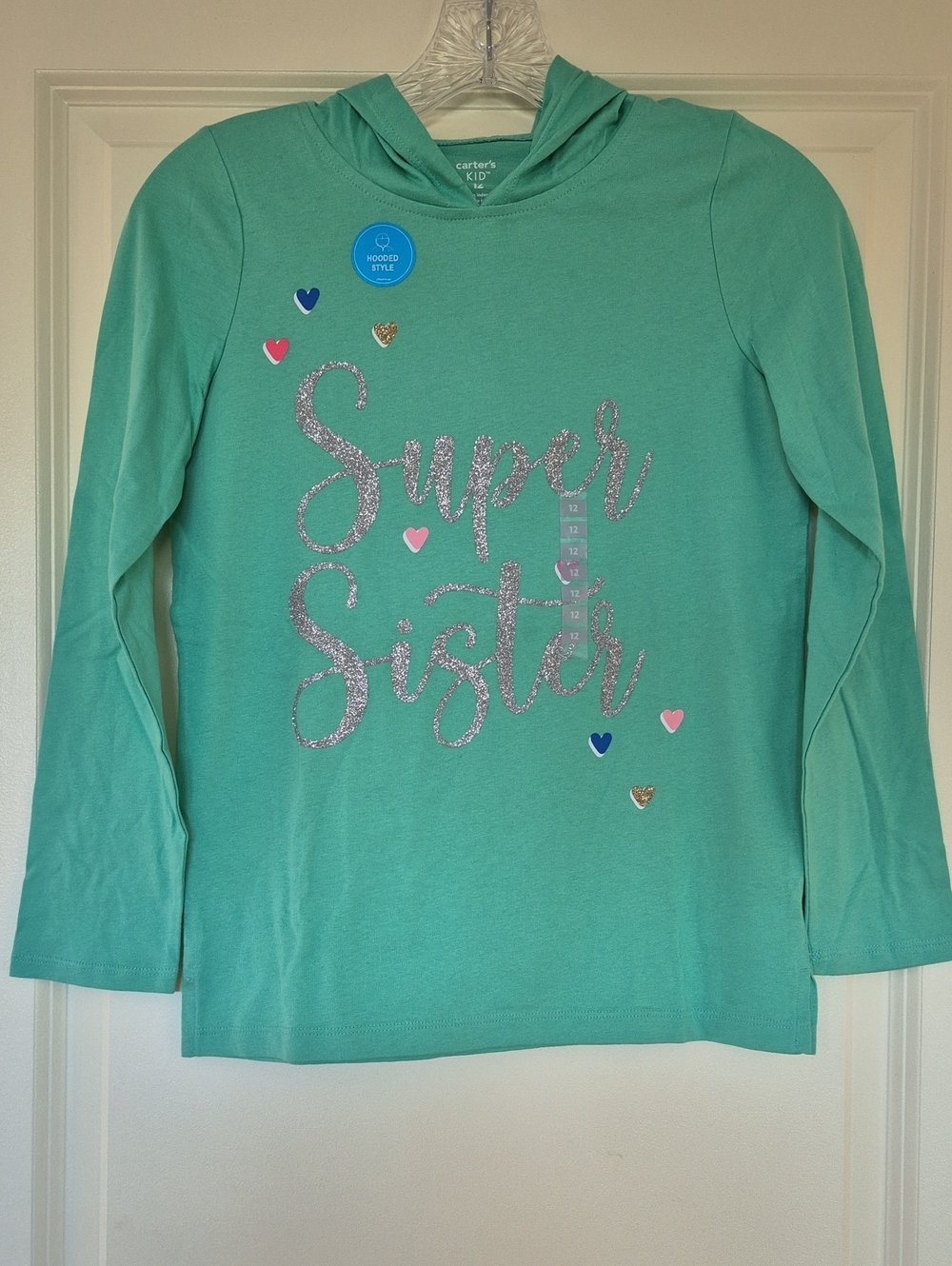 Carter's Girls Teal Hooded Long-Sleeve Top with Silver Glitter "Super Sister"